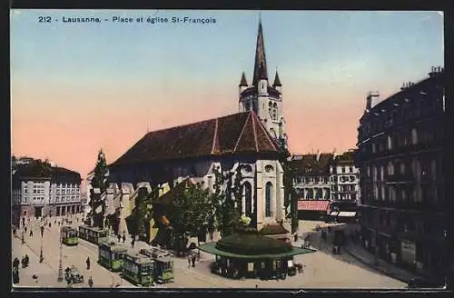 AK Lausanne, Place et èglise St-Francois, Strassenbahnen