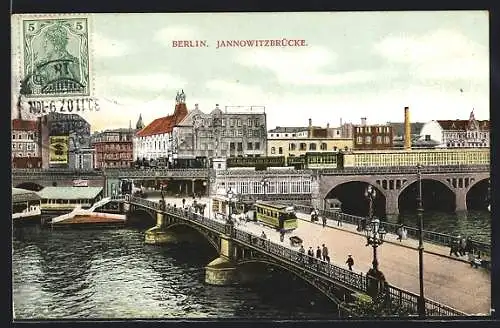 AK Berlin, Blick auf die Jannowitzbrücke mit Hochbahn-Bahnhof, Strassenbahn