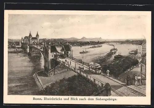 AK Bonn, Strassenbahn auf der Rheinbrücke, Blick zum Siebengebirge