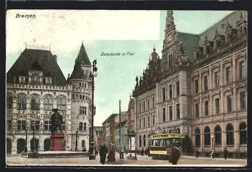 AK Bremen / Stadt, Domshaide mit Post und Strassenbahn