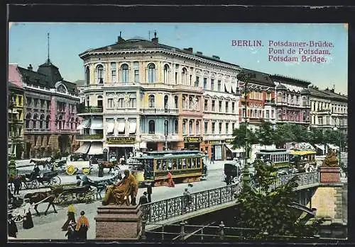 AK Berlin-Tiergarten, Partie an der Potsdamer Brücke mit Pferdekutschen und Strassenbahnen