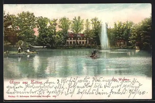 AK Zittau, Die Weinau mit Boot und Fontäne