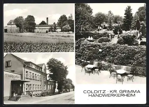 AK Colditz, Handwerkerheim mit Terrasse und Garten, Fabrik