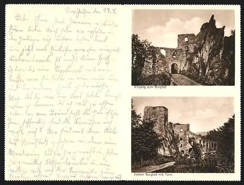 Klapp-AK Neustadt, Restaurant Burgruine Hohnstein, Eingang zum Burghof, Innerer Hof mit Turm