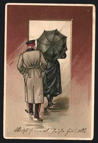 Lithographie Offizier folgt Dame mit Schirm