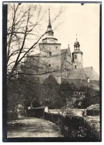 Fotografie W. Apel, Berlin, Ansicht Sorau / Niederlausitz, Strasse neben einer Gärtnerei, Kirche im Hintergrund