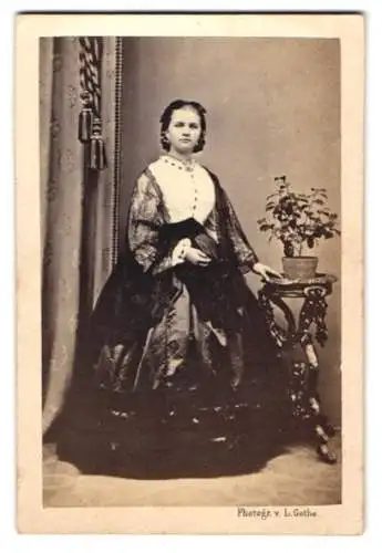 Fotografie L. Grothe, Magdeburg, hübsche junge Frau im dunklen Reifrock mit heller Bluse und Tüllüberwurf