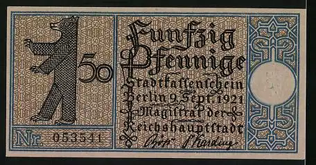 Notgeld Berlin-Spandau 1921, 50 Pfennig, Uferpartie mit Segelboot um 1800