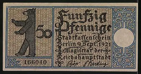 Notgeld Berlin-Mitte 1921, 50 Pfennig, Berliner Rathaus im Jahre 1819
