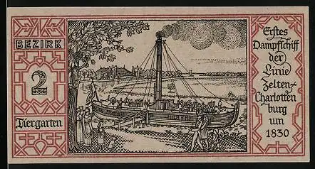 Notgeld Berlin-Tiergarten 1921, 50 Pfennig, Erstes Dampfschiff der Linie Zelten-Charlottenburg um 1830
