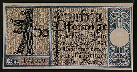 Notgeld Berlin-Tiergarten 1921, 50 Pfennig, Erstes Dampfschiff der Linie Zelten-Charlottenburg um 1830