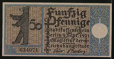 Notgeld Berlin-Wilmersdorf 1921, 50 Pfennig, Jagdschloss Grunewald erbaut im 16. Jahrhundert