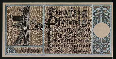 Notgeld Berlin-Köpenick 1921, 50 Pfennig, Uferpartie mit Segelboot um 1820