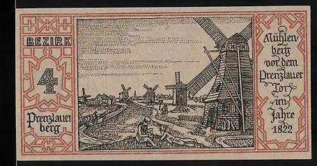 Notgeld Berlin-Prenzlauer Berg 1921, 50 Pfennig, Mühlenberg mit Windmühlen vor dem Prenzlauer Tor im Jahre 1822