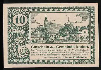 Notgeld Andorf 1920, 10 Heller, Ortspartie mit Kirche