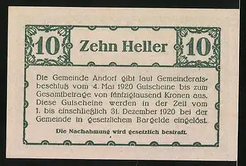 Notgeld Andorf 1920, 10 Heller, Ortspartie mit Kirche