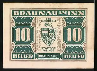 Notgeld Braunau am Inn 1920, 10 Heller, Ratsherr Steininger 1567