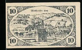 Notgeld Mauthausen, 10 Heller, Ortspartie mit Kirche 1649
