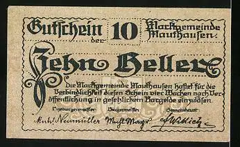 Notgeld Mauthausen, 10 Heller, Ortspartie mit Kirche 1649