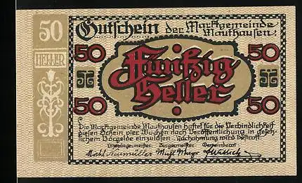 Notgeld Mauthausen, 50 Heller, Ortspartie mit Kirche, Wappen