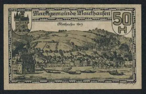 Notgeld Mauthausen, 50 Heller, Ortspartie mit Kirche, Wappen