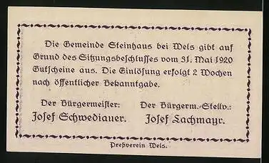 Notgeld Steinhaus b. Wels 1920, 50 Heller, Bauer auf dem Feld