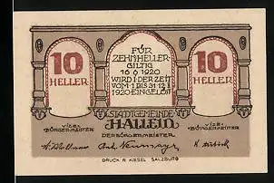 Notgeld Hallein 1920, 10 Heller, Schülerwerkstätte Hallein, Junge an der Werkbank