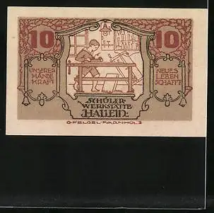 Notgeld Hallein 1920, 10 Heller, Schülerwerkstätte Hallein, Junge an der Werkbank