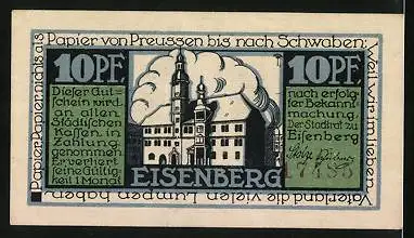 Notgeld Eisenberg i. Th., 10 Pfennig, Eisenbergs Industrie: Etuis-Porzellan-Piano-Wurst-Fabriken, Wappen