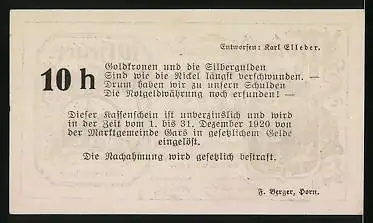 Notgeld Gars a. Kamp 1920, 10 Heller, Altes Markttor