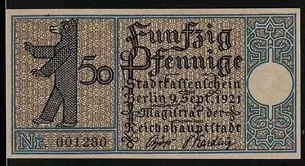 Notgeld Berlin-Treptow 1921, 50 Pfennig, Gasthaus in Treptow um 1820