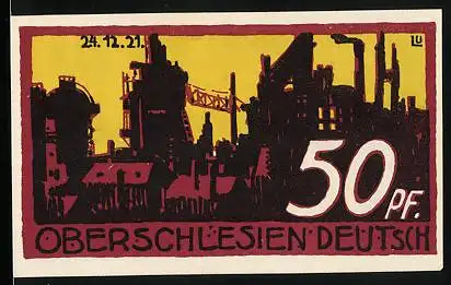 Notgeld Helmstedt /Oberschlesien 1921, 50 Pfennig, Ortspartie mit Fabrik