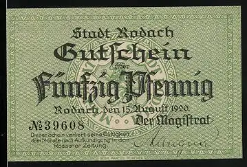 Notgeld Rodach 1920, 50 Pfennig, Stadtwappen