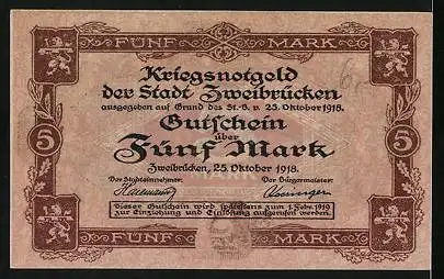 Notgeld Zweibrücken 1918, 5 Mark, Strassenpartie