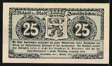 Notgeld Zweibrücken 1918, 25 Pfennig, Soldat mit Helm, Kanone