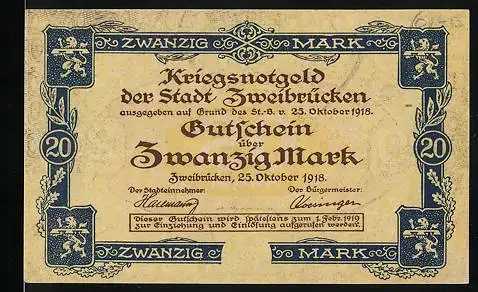 Notgeld Zweibrücken 1918, 20 Mark, Strassenpartie, Wappen
