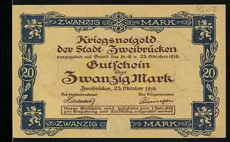 Notgeld Zweibrücken 1918, 20 Mark, Strassenpartie, Wappen