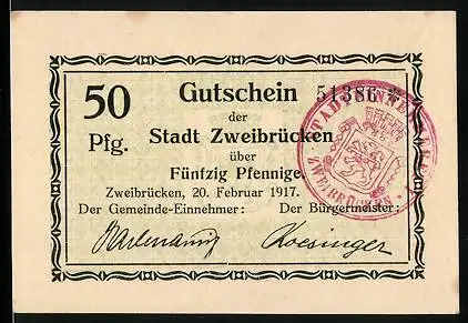 Notgeld Zweibrücken 1917, 50 Pfennig, Gutschein
