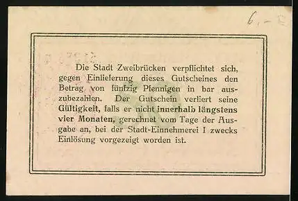 Notgeld Zweibrücken 1917, 50 Pfennig, Gutschein