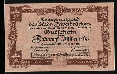 Notgeld Zweibrücken 1918, 5 Mark, Strassenpartie, Wappen