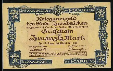 Notgeld Zweibrücken 1918, 20 Mark, Strassenpartie, Wappen