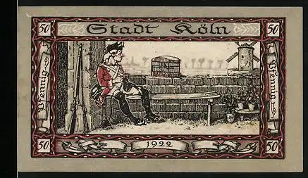 Notgeld Köln 1922, 50 Pfennig, Soldat mit Vogelkäfig, Im Hintergrund Windmühle