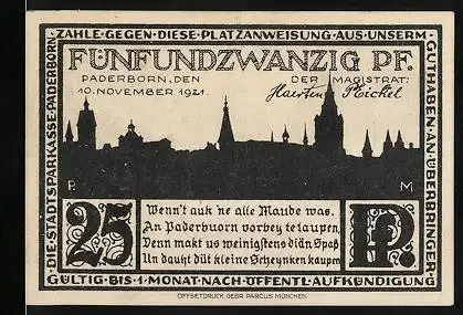 Notgeld Paderborn 1921, 25 Pfennig, Stadtsilhouette