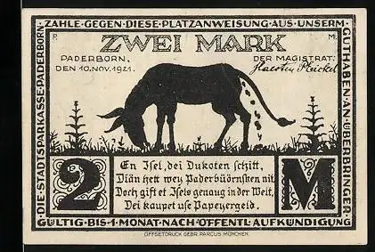 Notgeld Paderborn 1921, 2 Mark, Esel auf der Weide