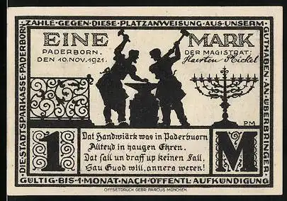 Notgeld Paderborn 1921, 1 Mark, Schmiede bei der Arbeit