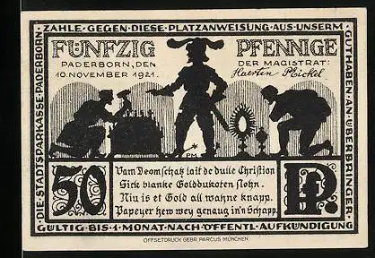 Notgeld Paderborn 1921, 50 Pfennig, Vom Deomschatz lait de dulle Christion...