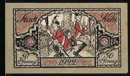Notgeld Köln 1922, 50 Pfennig, Zwei Soldaten am Tor