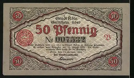 Notgeld Köln 1922, 50 Pfennig, Zwei Soldaten am Tor