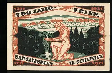 Notgeld Bad Salzbrunn in Schlesien 1921, 50 Pfennig, 700 Jahr-Feier 1221-1921, Frau an einer Quelle