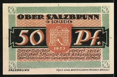 Notgeld Bad Salzbrunn in Schlesien 1921, 50 Pfennig, 700 Jahr-Feier 1221-1921, Frau an einer Quelle